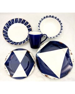 Набор фарфоровых тарелок 30 пр на 6 пер Геометрия Микс синий Tulu porselen