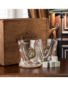 Набор бокалов для виски лев и львица в деревянной коробке с костерами Город подарков