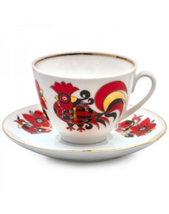 Чашка с блюдцем чайная Весенняя Красные петушки 250 мл Императорский фарфоровый завод