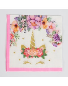 Салфетки бумажные Единорог и цветы 33х33 см набор 20 шт цвет розовый Страна карнавалия