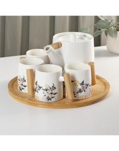 Набор чайный керамический Сакура 6 предметов 4 кружки 250 мл чайник 1 л поднос d 29 Nobrand