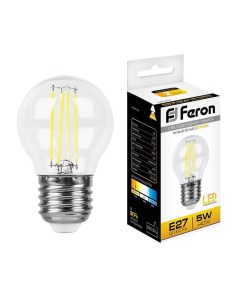 Лампа светодиодная филаментная E27 5W 2700K Шар Прозрачная LB 61 25581 Feron
