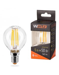 Лампа светодиодная E14 шар G45 5Вт 3000K теплый свет 545лм филаментная Filament 25Y45GLFT5E14 Wolta