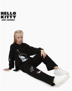Чёрные спортивные брюки Wide leg с принтом Hello Kitty для девочки Gloria jeans