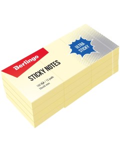 Стикеры Ultra Sticky 50x40мм желтый пастель 12 блоков по 100 листов 30 уп Berlingo