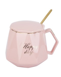 Кружка фарфоровая с крышкой и ложкой Happy day розовая v 420 мл KENG 1060061 4 Nouvelle
