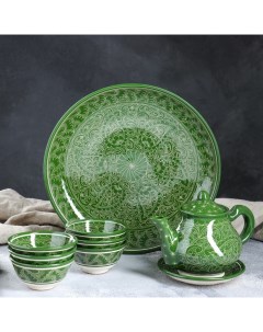 Набор чайный риштанская роспись 9 предметов зелёный чайник 0 8 л пиалы 0 3 л Шафран
