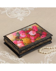 Шкатулка Розовые цветы в корзинке 11x16 см лаковая миниатюра Sima-land