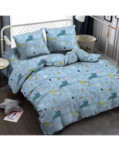 Комплект постельного белья Мако сатин 1 5 спальный микрофибра коты голубой Amore mio