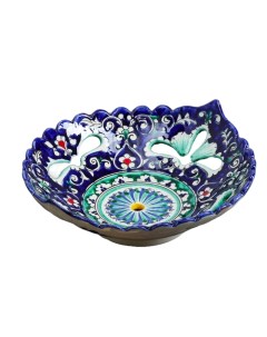 Блюдо Риштанская Керамика Цветы 25 см синее рифлёное овальное Шафран