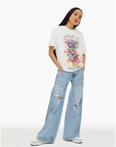 Молочная oversize футболка c принтом Gloria jeans