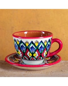 Чайная пара Риштанская Керамика Цветы 250 мл красная Шафран