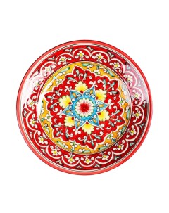 Тарелка Риштанская Керамика Узоры плоская 22 см Шафран