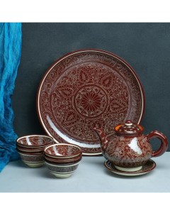 Набор чайный Риштанская Керамика Узоры 9 предметов чайник 0 8 л пиалы 0 3 л Шафран
