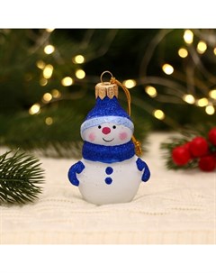 Ёлочная игрушка Снеговичок в шапочке ручная роспись 8 4 см сине белый Evis