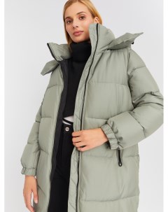 Длинная тёплая стёганая куртка пальто на молнии с капюшоном и высоким воротником Zolla