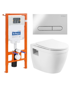 Комплект 3 в 1 Унитаз подвесной с сиденьем LOTO BB070CHR/SC + Система инсталляции для унитазов BB002-80 с кнопкой смыва BB005-PR-CH Belbagno