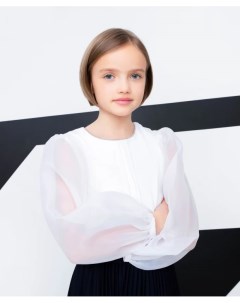Блузка комбинированная с объемными рукавами белая Gulliver