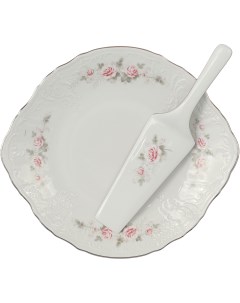 Тарелка для торта с лопаткой 27 см декор Бледные розы отводка платина Bernadotte