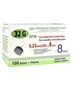 Иглы для инсулиновых инжекторов ПЕН ручек 0 23х8мм 32G SFM Hospital СФМ Госпиталь 100шт Sfm hospital products