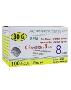 Иглы медицинские для инсулиновых инжекторов ПЕН ручек 30G SFM 0 30х8мм 100шт Sfm hospital products