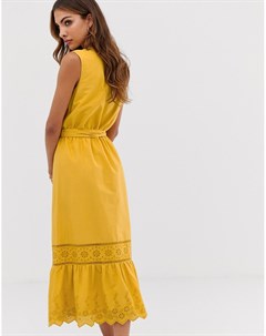Желтое платье миди с вышивкой ришелье и завязкой Esprit