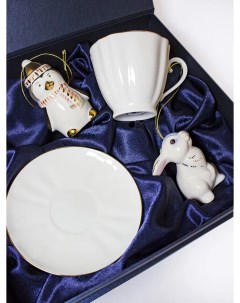 Новогодний набор Чашка с блюдцем и ёлочные игрушки ручная работа Императорский подарок