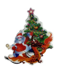 Новогодняя наклейка на окно Дед Мороз в упряжке с Драконом у ёлки 16414 Merry christmas