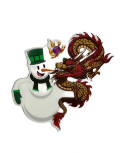 Новогодняя наклейка на окно Красный Дракон со Снеговиком в зелёной шляпе Merry christmas