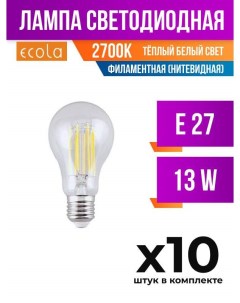 Лампа филаментная нитевидная E27 13W A65 2700K прозрачная арт 689349 10 шт Ecola