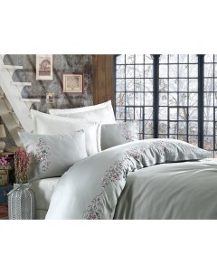 Комплект постельного белья сатин с вышивкой EFSA 2 спальный Евро цвет мятный Dantela vita