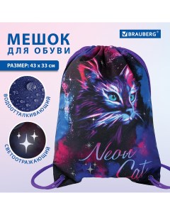 Мешок для обуви PREMIUM Neon cat с карманом светоотражайка Brauberg