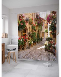 Штора для ванной Улица с цветочными горшками из сатена 180х200 см с крючками Joyarty