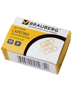 Скрепки 28 мм золотистые 100 шт в картонной коробке 221529 6 штуки Brauberg