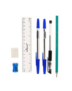 Набор канцелярский 2 синих ручки черная гелевая ластик точилка линейка карандаш ч г Nobrand