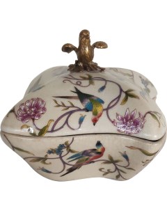 Шкатулка бежевая с бронзовой птичкой на крышке и цветочным декором 15x15x13 см Гласар