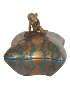 Шкатулка синяя с бронзовым ангелом и узорчатым декором 17x17x15 см Гласар