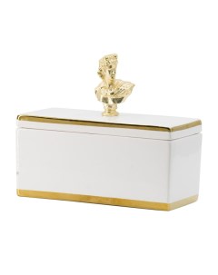 Шкатулка керамическая белая с золотистой окантовкой и металлическим бюстом на крышке 20x9x17см Гласар