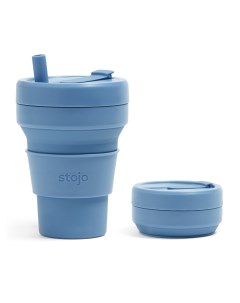 Cкладной стакан силиконовый с крышкой и трубочкой 470 мл цвет синий Stojo
