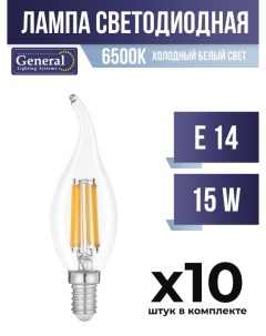Лампа светодиодная E14 15W 6500K прозрачная филаментная арт 828488 10 шт General