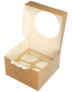 Коробка для пирожных с окном крафт 160х160х100 мм 25 шт Doeco