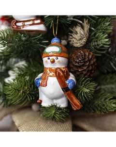 Елочная игрушка Снеговик лыжник Ярославская керамическая мануфактура