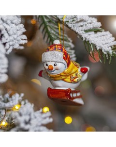 Елочная игрушка Снеговик на санках Ярославская керамическая мануфактура