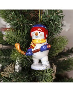 Елочная игрушка Снеговик хоккеист Ярославская керамическая мануфактура