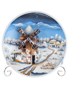 Декоративная тарелка панно Зима Лето Мельница из керамики Russia the great