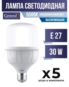Лампа светодиодная E27 30W 6500K матовая высокомощная арт 621498 5 шт General
