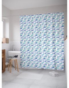 Штора занавеска для ванной Рыбки на белом фоне из ткани 180х200 см с крючками Joyarty