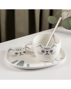 Чайная пара керамическая с ложкой Котик чашка 200 мл блюдце 18 5х13 5 см Nobrand