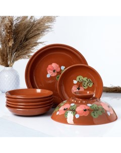 Набор для блинов 7 предметов 1 шт блинница 6 шт тарелок с росписью майский Кунгурская керамика