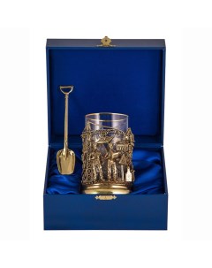 Подстаканник Строители из бронзы со стаканом и ложечкой в подарочном футляре Арт классик